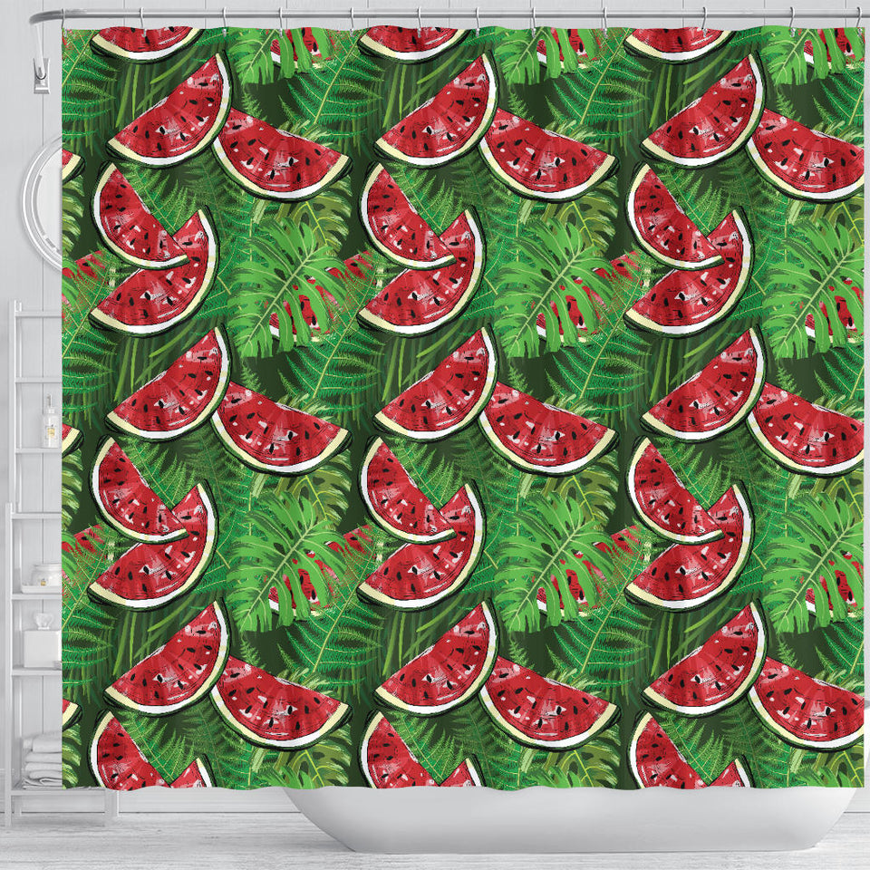 Watermelons Tropical Palm Leaves Pattern Background Shower Curtain Fulfilled In US
