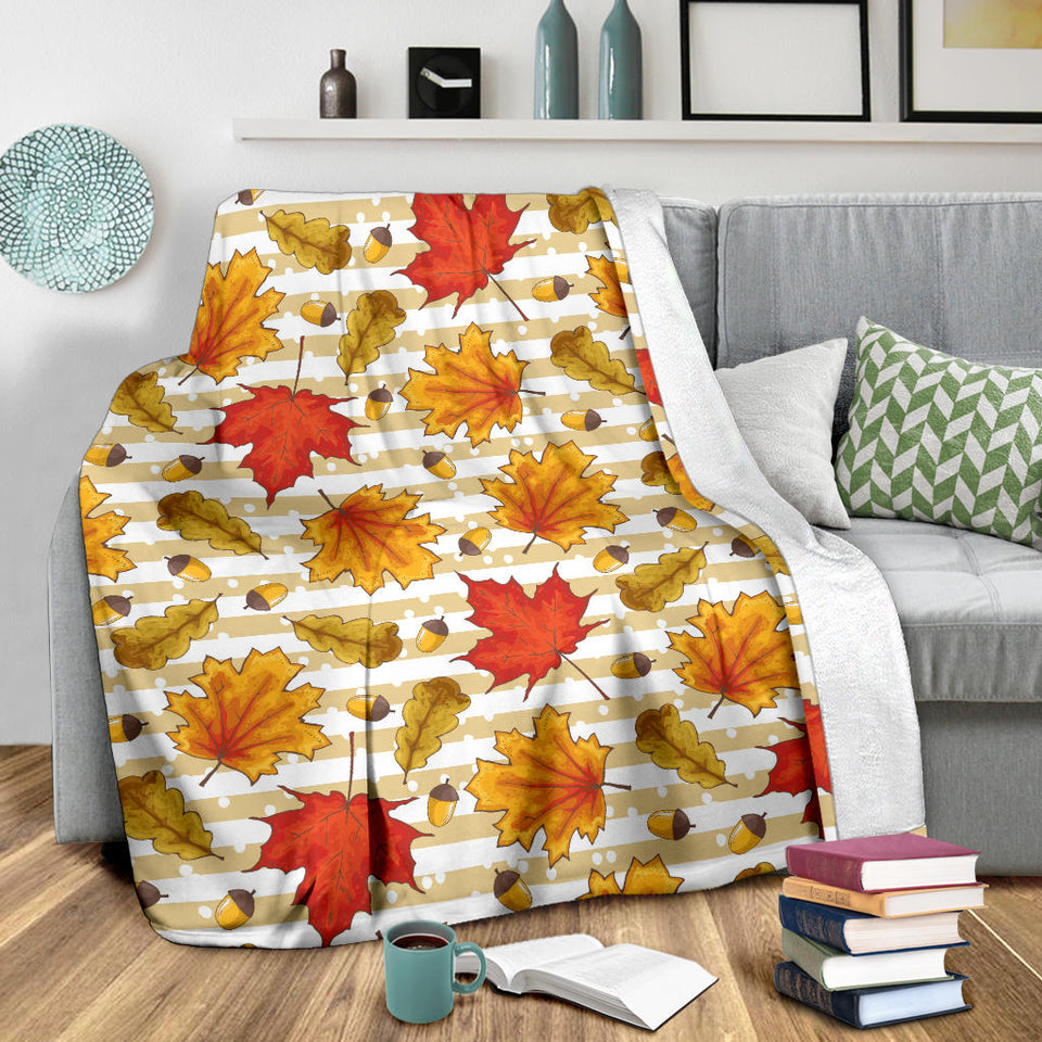 Maple Leaf Oak Leaf Acorns Beige Striped Background Premium Blanket