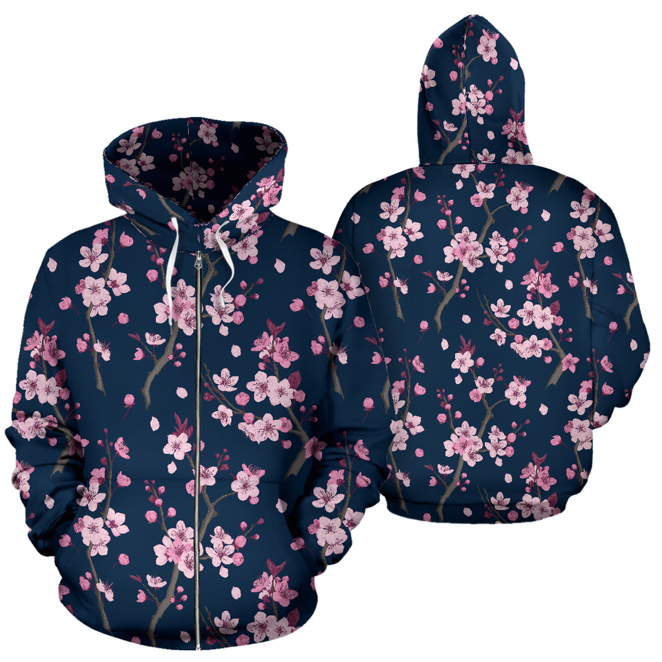 Pink Sakura Cherry Blossom Blue Background Zip Up Hoodie