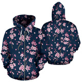 Pink Sakura Cherry Blossom Blue Background Zip Up Hoodie