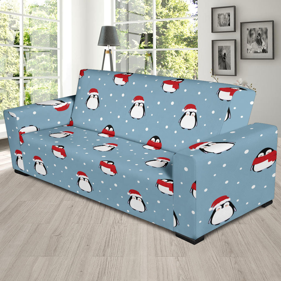 Cute Penguin Christmas Snow Pattern Sofa Slipcover