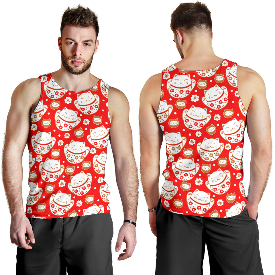 Cute Maneki Neko Lucky Cat red background Men Tank Top