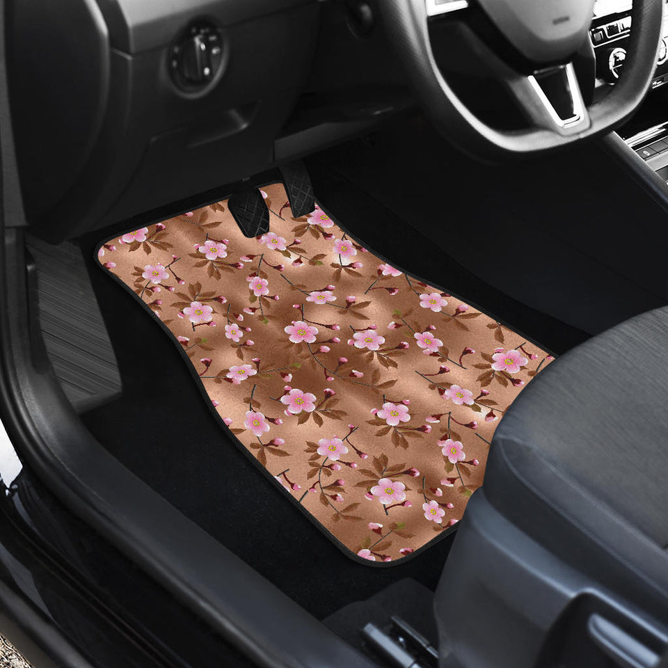 Pink Sakura Cherry Blossom Drak Brown Background Front Car Mats