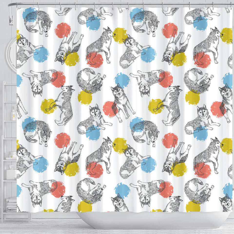 Siberian Husky And Colorful Circle Pattern Shower Curtain Fulfilled In US