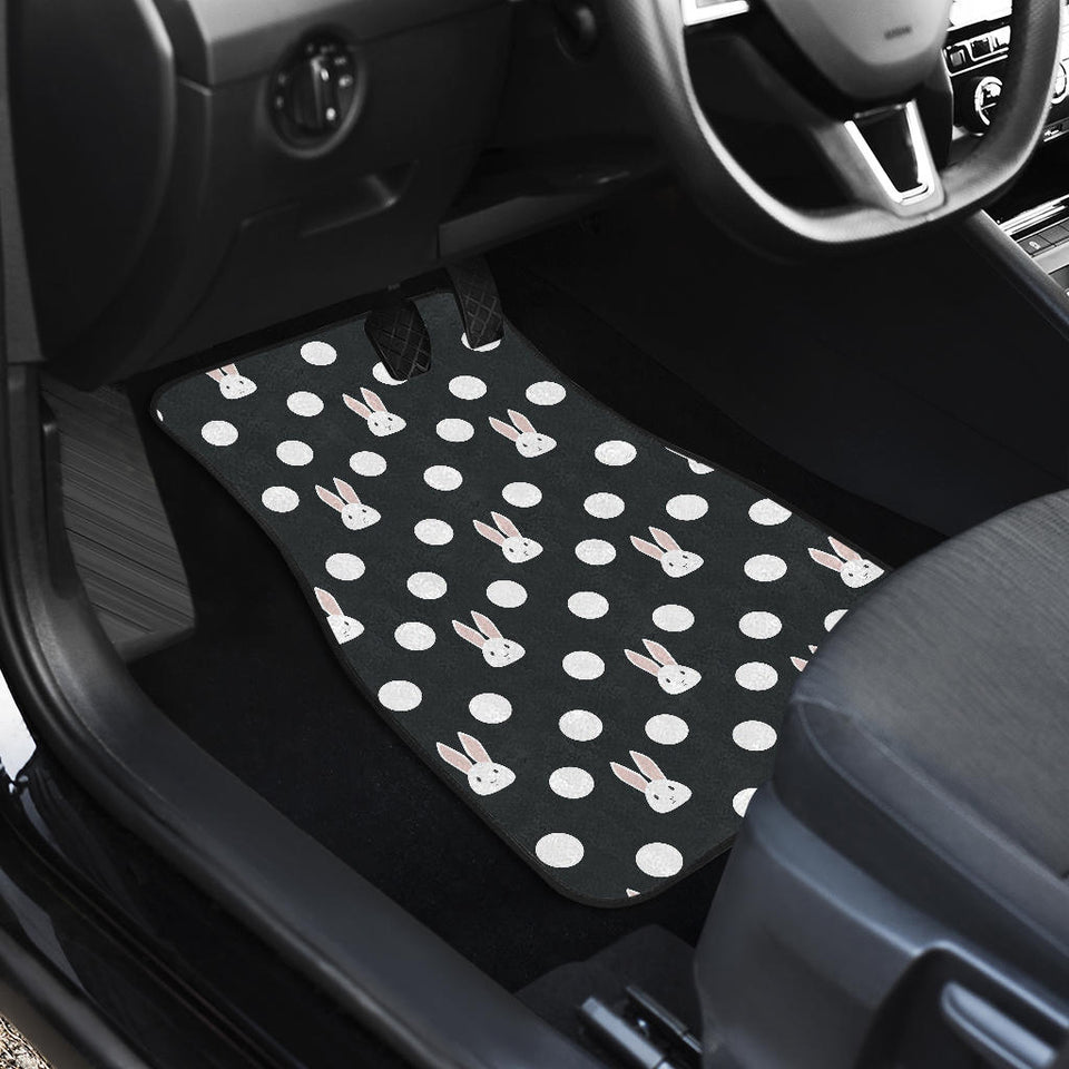 Cute White Rabbit Polka Dots Black Background Front Car Mats