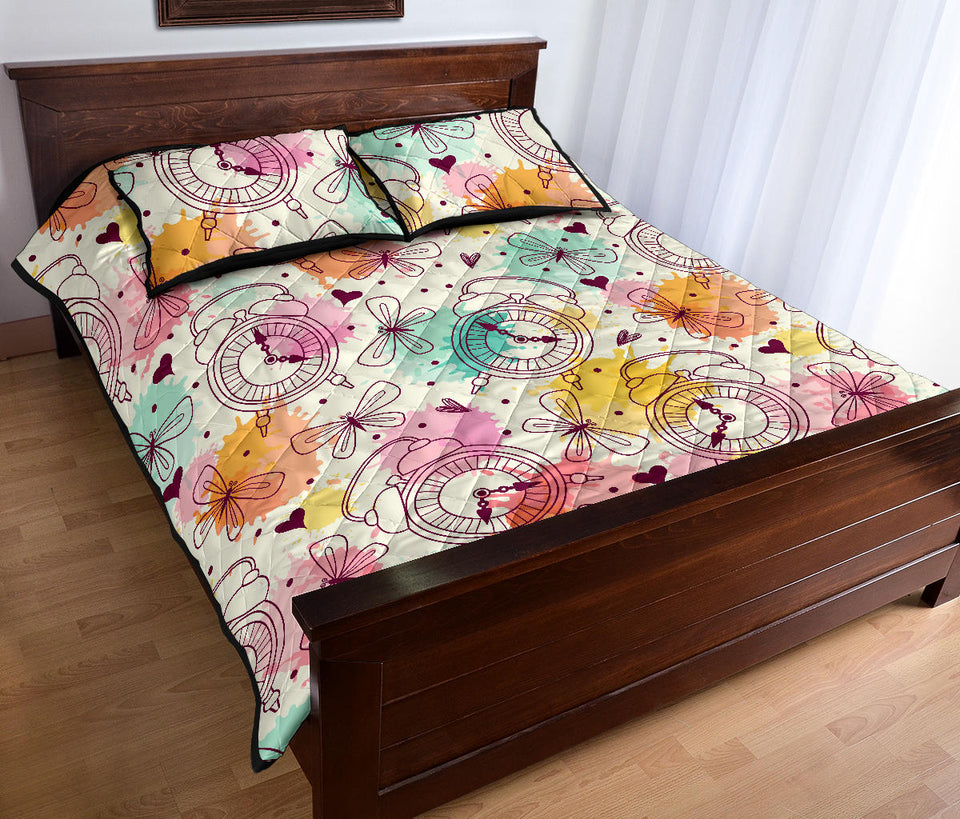 Clock butterfly pattern Quilt Bed Set