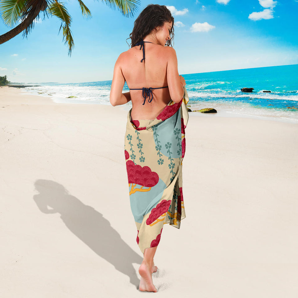 Red Bonsai Gray Sun Japanese Pattern Sarong