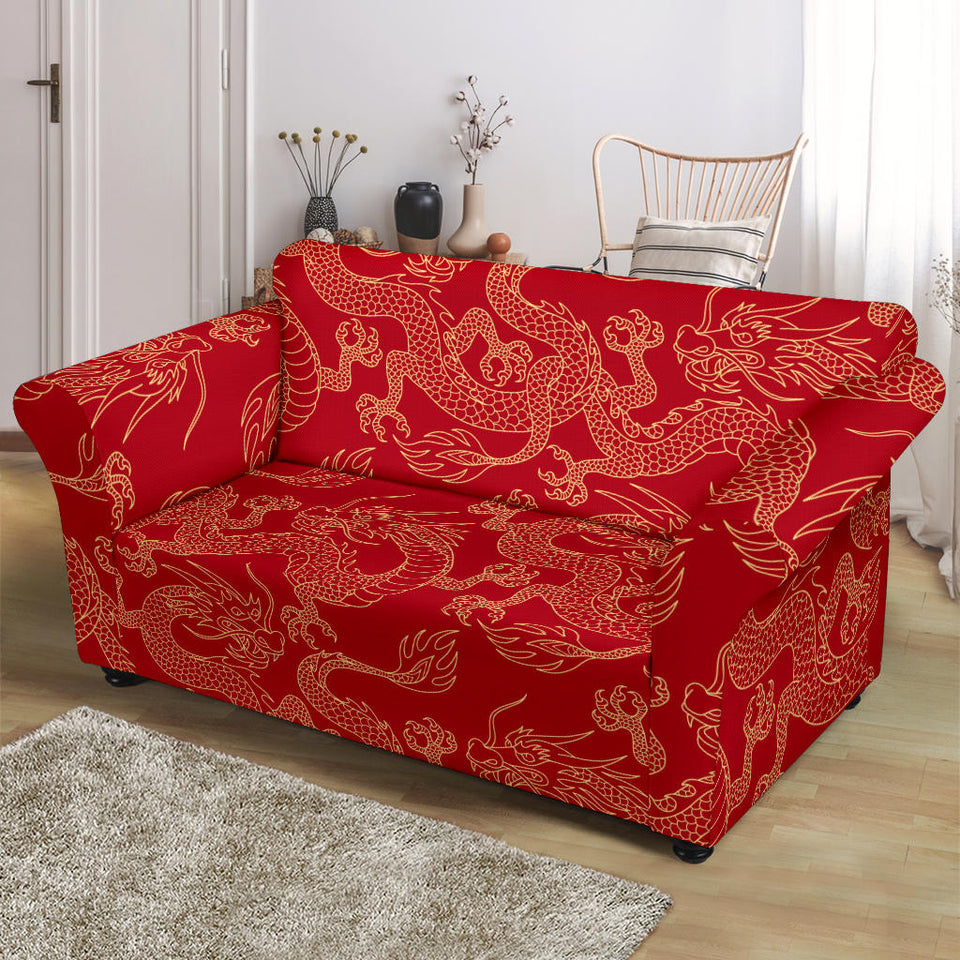 Gold Dragons Red Background Loveseat Couch Slipcover