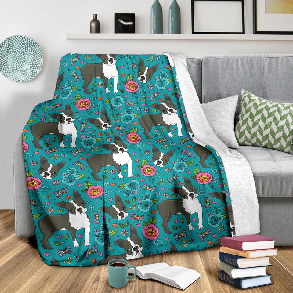 Boston Terrier Beautiful Flower Pattern Premium Blanket