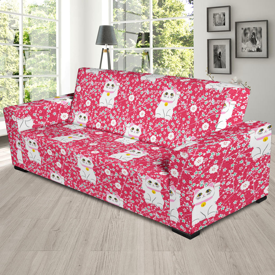 Maneki Neko Lucky Cat Sakura Pink Background Sofa Slipcover