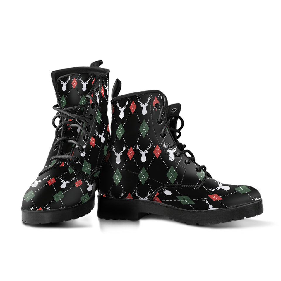 Deer Christmas New Year Pattern Argyle Leather Boots