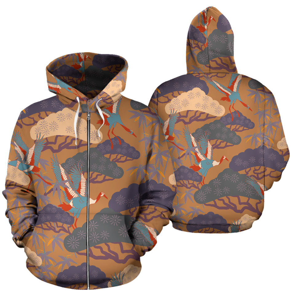 Bonsai Bamboo Stork Japanese Pattern Brown Theme Zip Up Hoodie