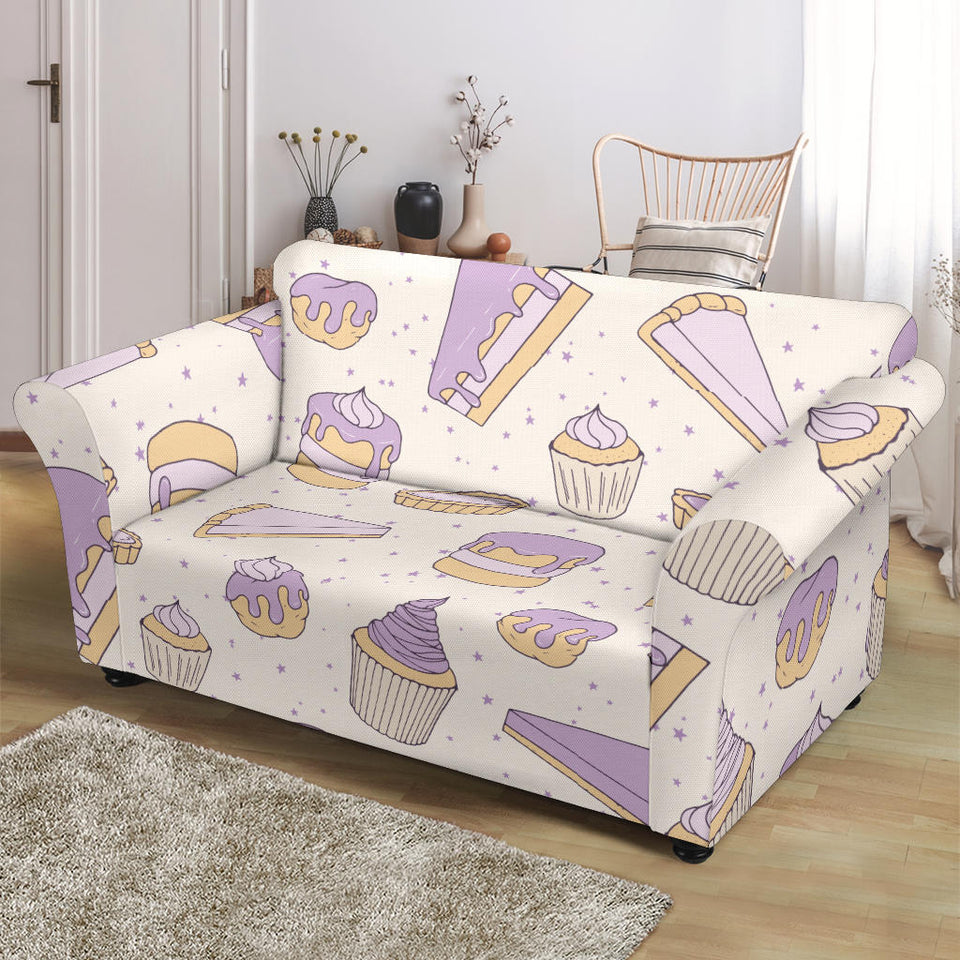 Cakes Pies Tarts Muffins And Eclairs Purple Blueberry Topping Pattern Loveseat Couch Slipcover
