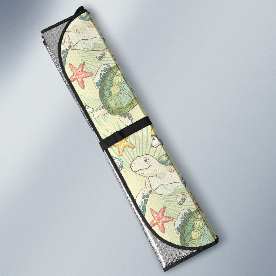 Hand Drawn Sea Turtle Fish Pattern Car Sun Shade