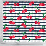 Hand Drawn Cherry Pattern Striped Background Shower Curtain Fulfilled In US