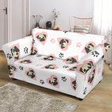 Cute Pugs Pink Heart Paw Pattern Loveseat Couch Slipcover