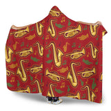 Saxophone Cornet Pattern Red Background Hooded Blanket