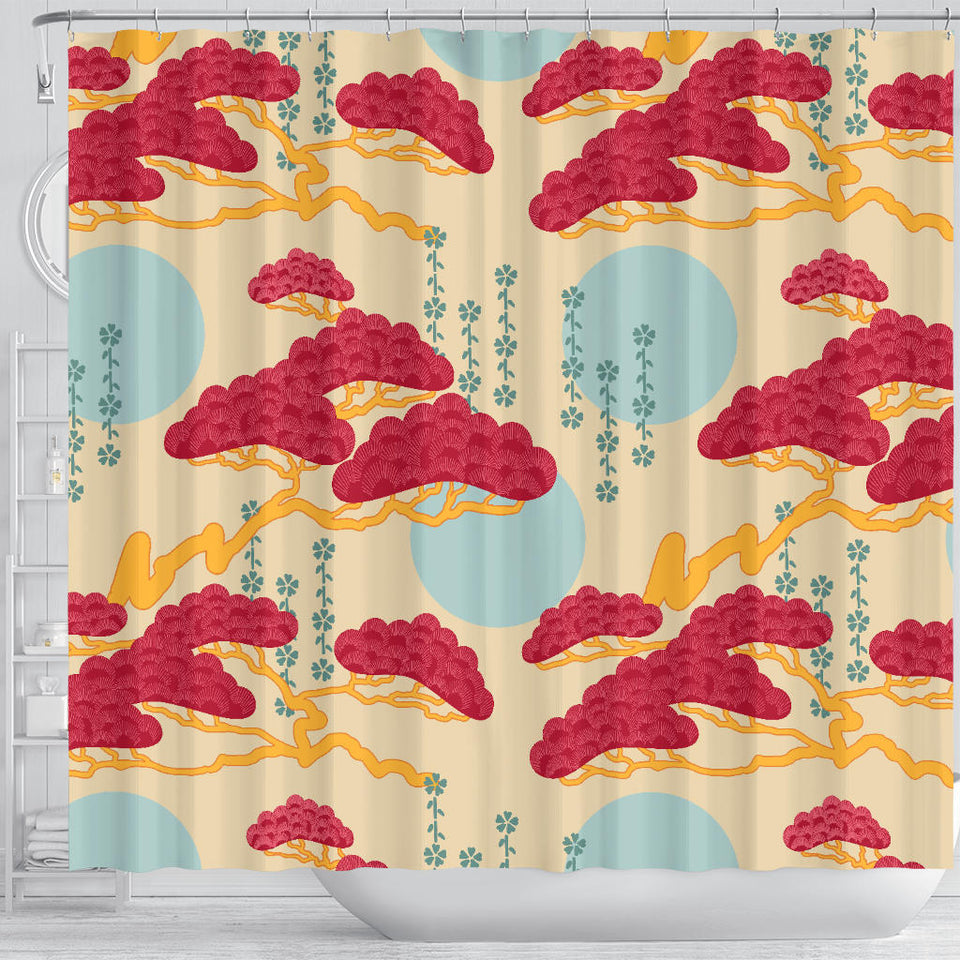 Red Bonsai Gray Sun Japanese Pattern Shower Curtain Fulfilled In US