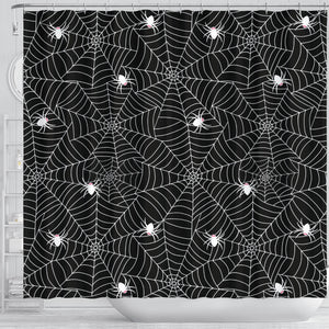 Spider Web Design Pattern Black Background White Cobweb Shower Curtain Fulfilled In US