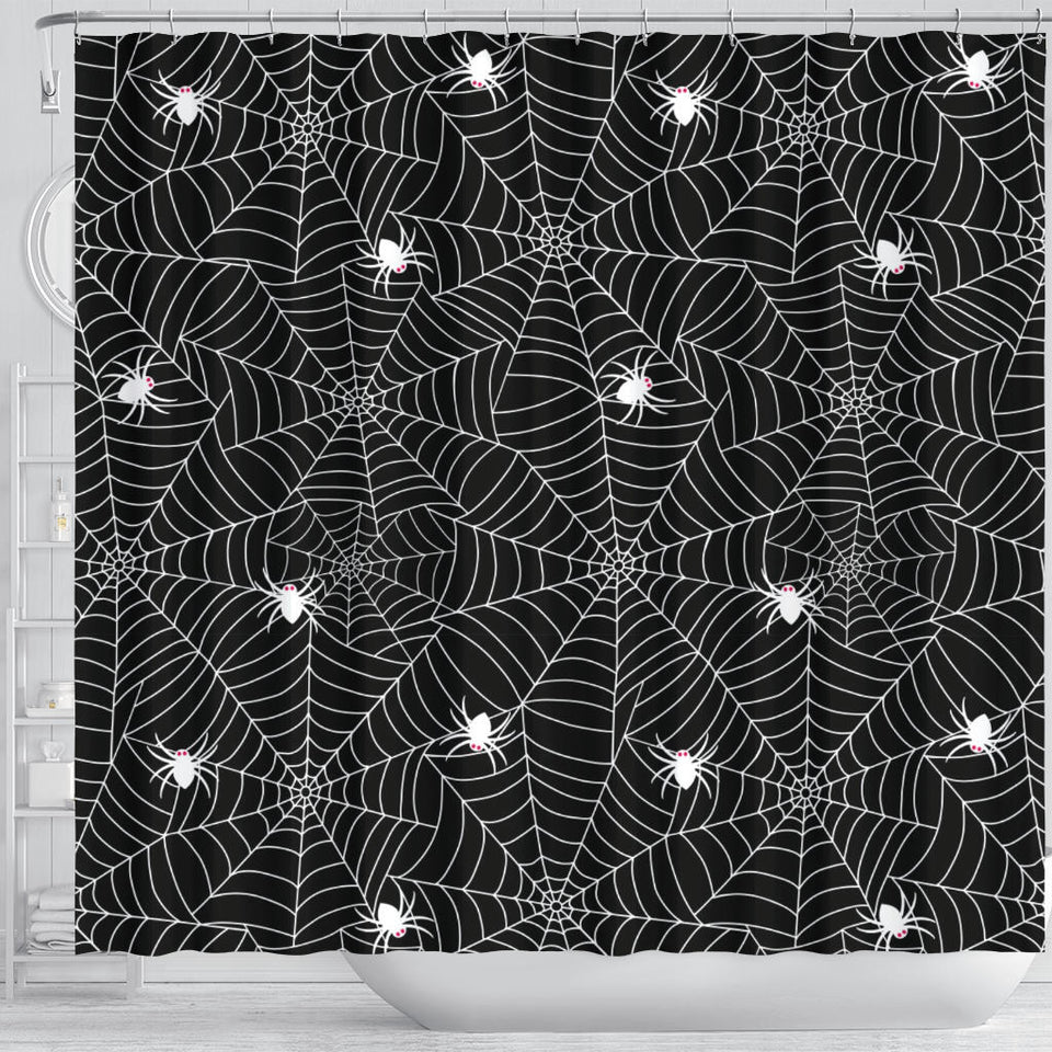 Spider Web Design Pattern Black Background White Cobweb Shower Curtain Fulfilled In US