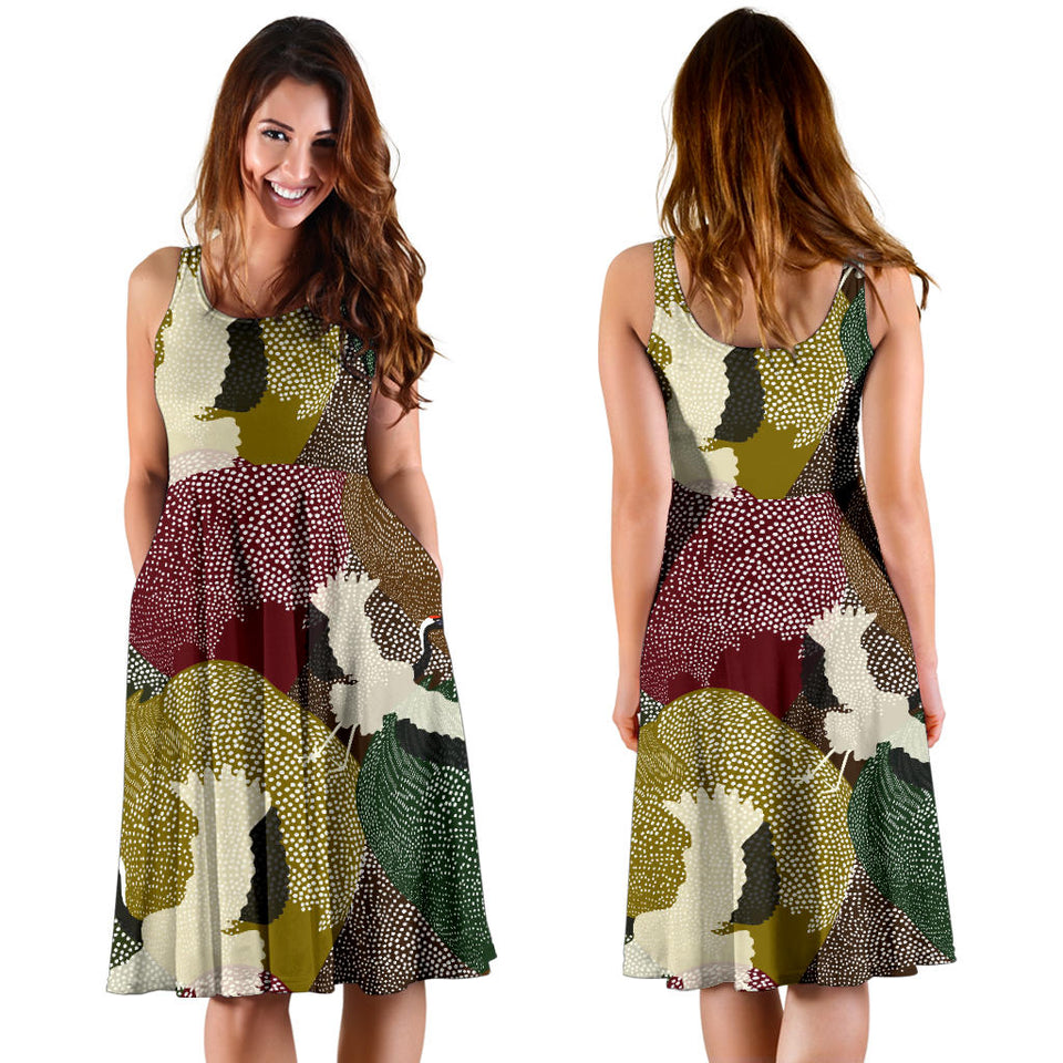 Japanese Cranes Flying Forest Dot Pattern Sleeveless Midi Dress