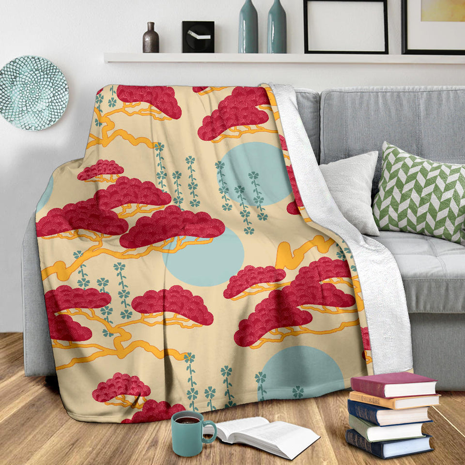 Red Bonsai Gray Sun Japanese Pattern Premium Blanket