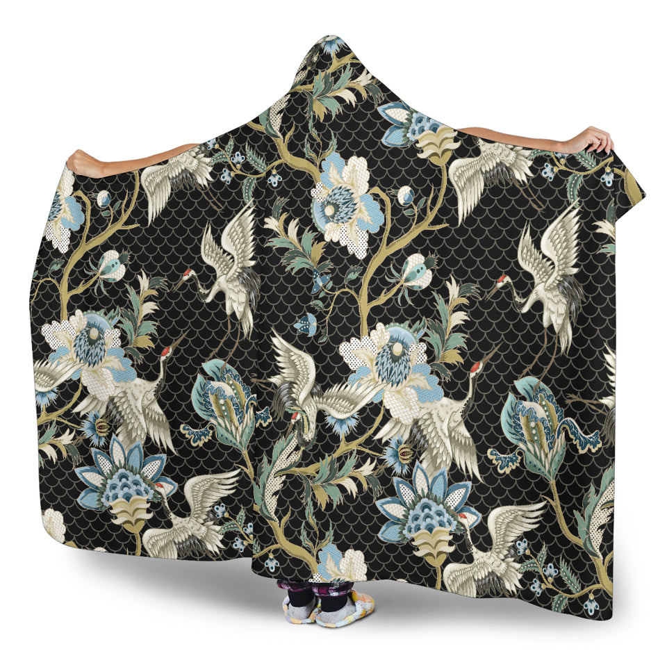Japanese Crane Ornament Elements Hooded Blanket