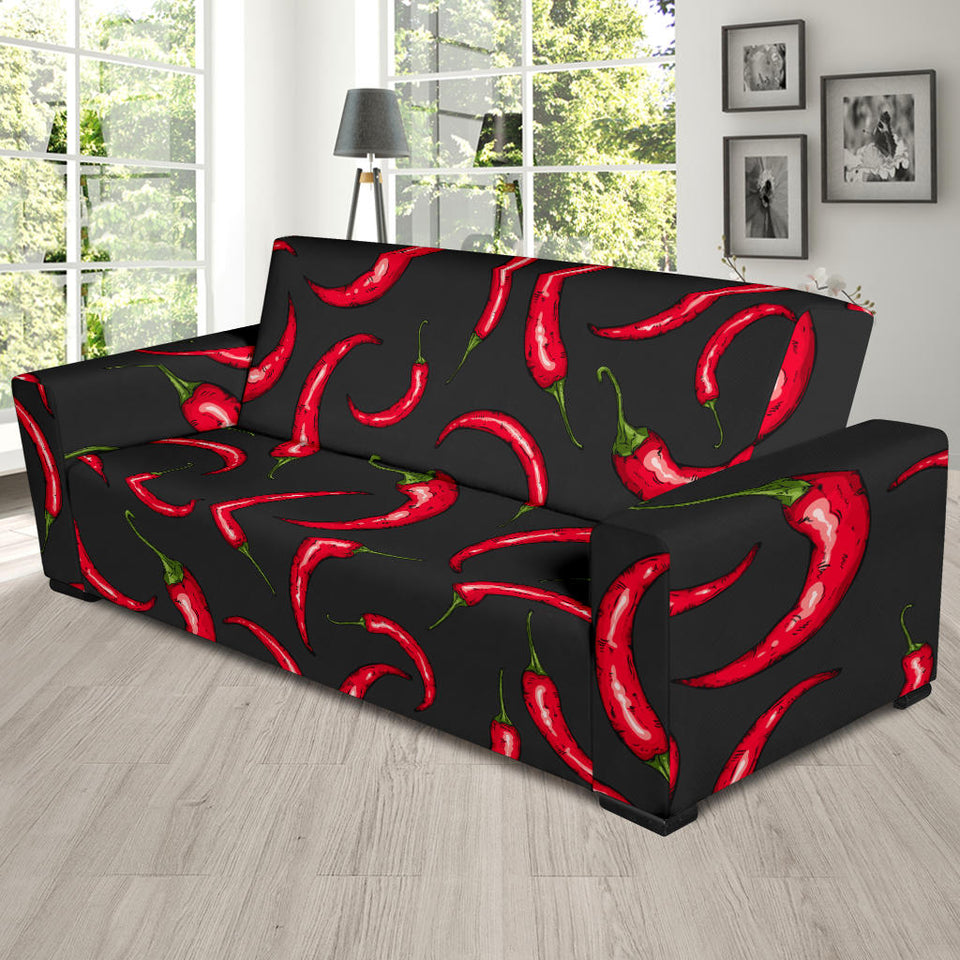 Chili Peppers Pattern Black Background Sofa Slipcover