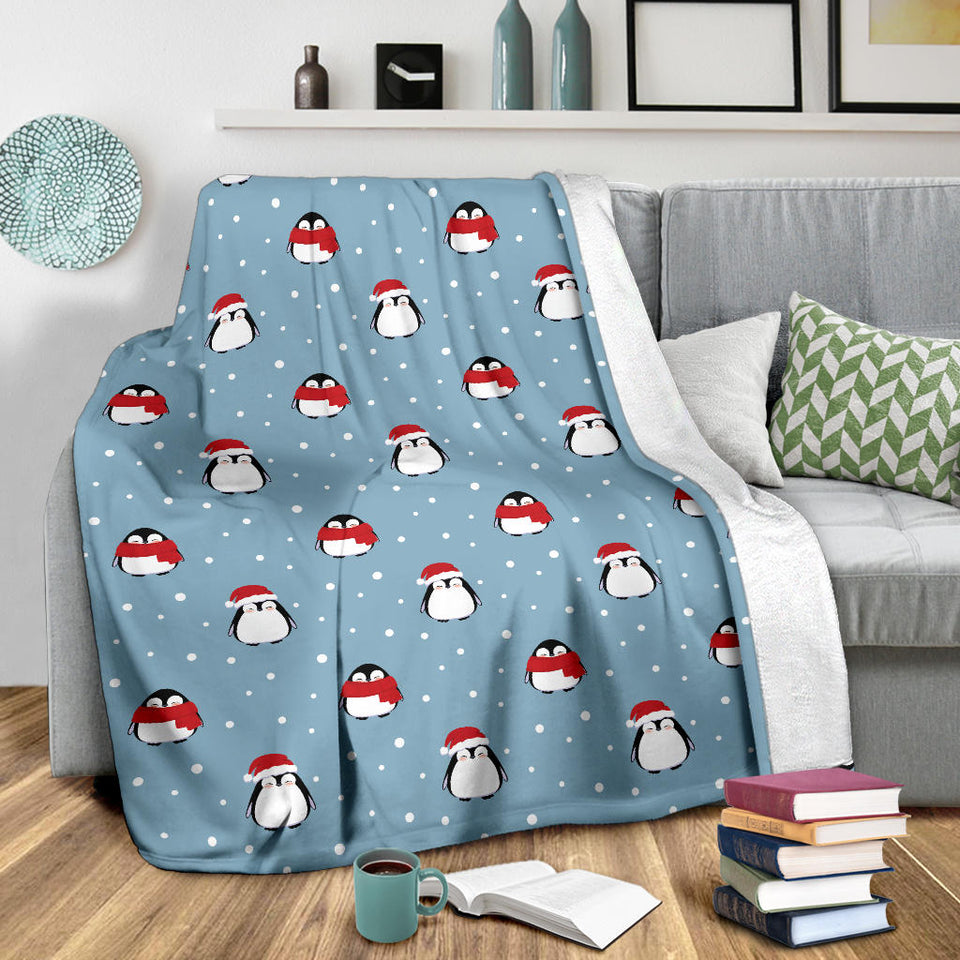 Cute Penguin Christmas Snow Pattern Premium Blanket