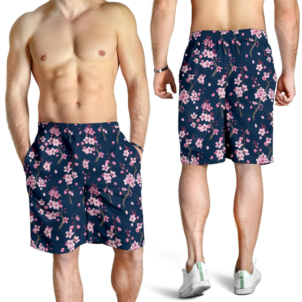 Pink Sakura Cherry Blossom Blue Background Men Shorts