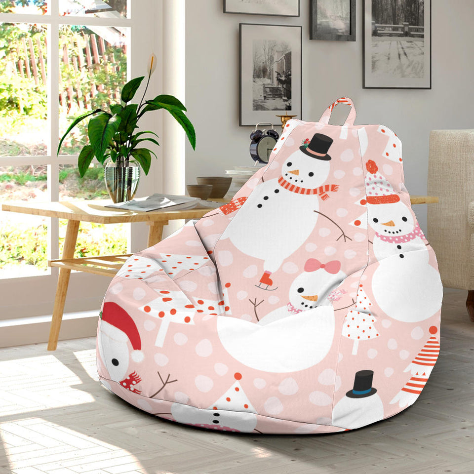 Cute Snowman Christmas Tree Snowpink Background Bean Bag Cover