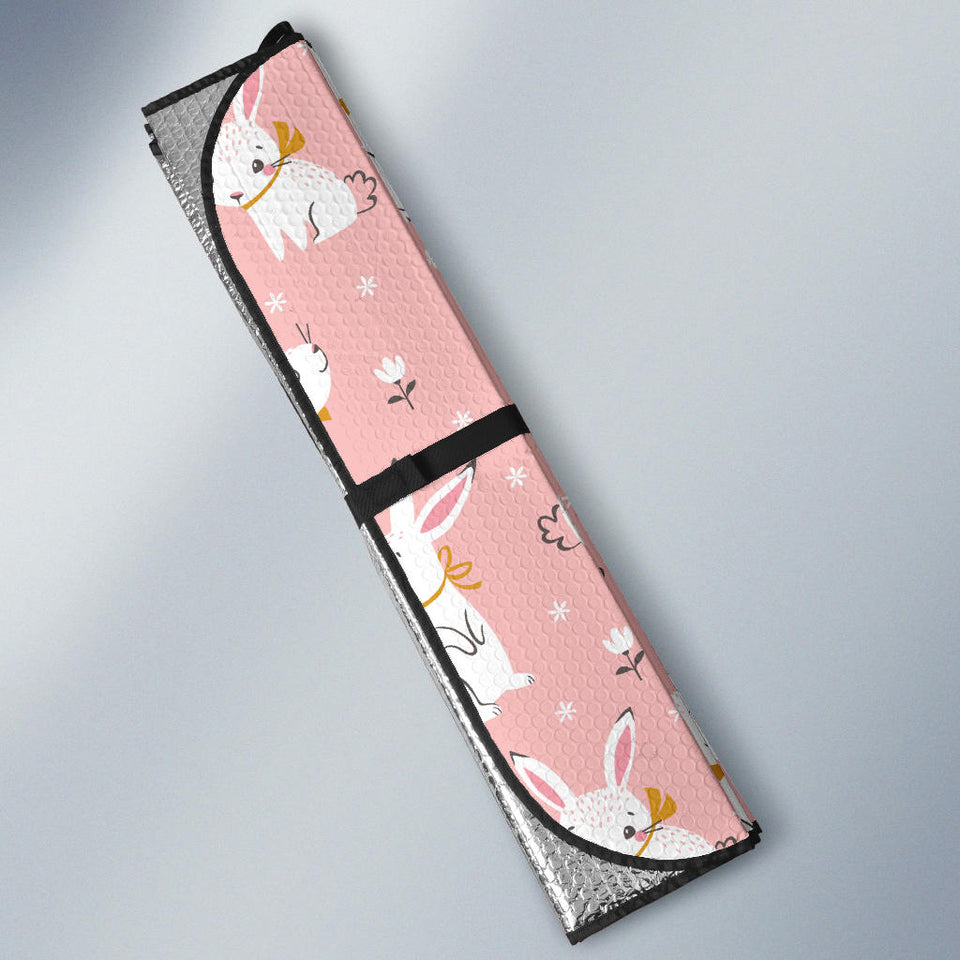 Cute White Rabbit Flower Pink Background Car Sun Shade