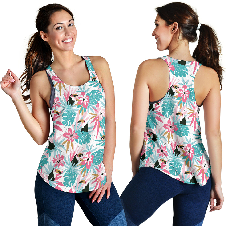 Toucan tropical flower leave pattern Women Racerback Tank Top