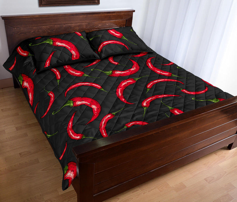 Chili peppers pattern black background Quilt Bed Set