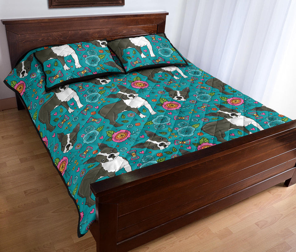Boston terrier beautiful flower pattern Quilt Bed Set
