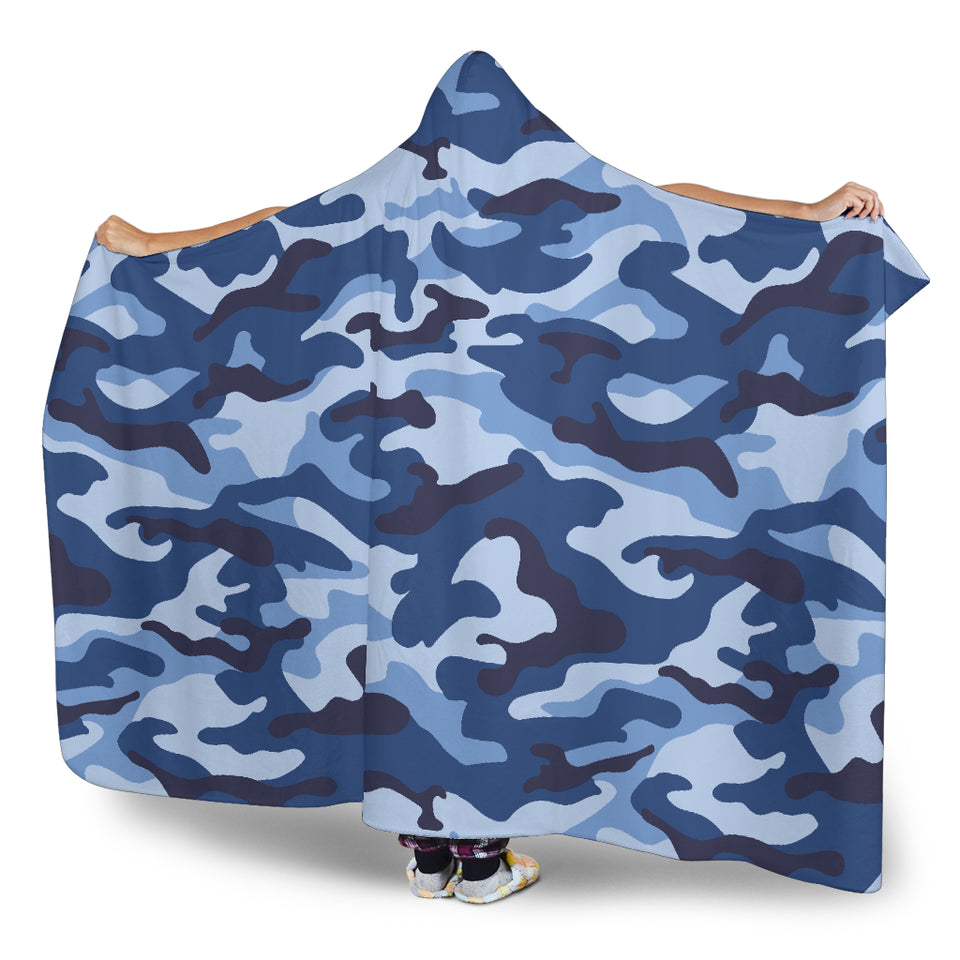 Blue Camo Camouflage Pattern Hooded Blanket