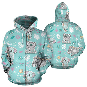 Cute Koalas Blue Background Pattern Zip Up Hoodie