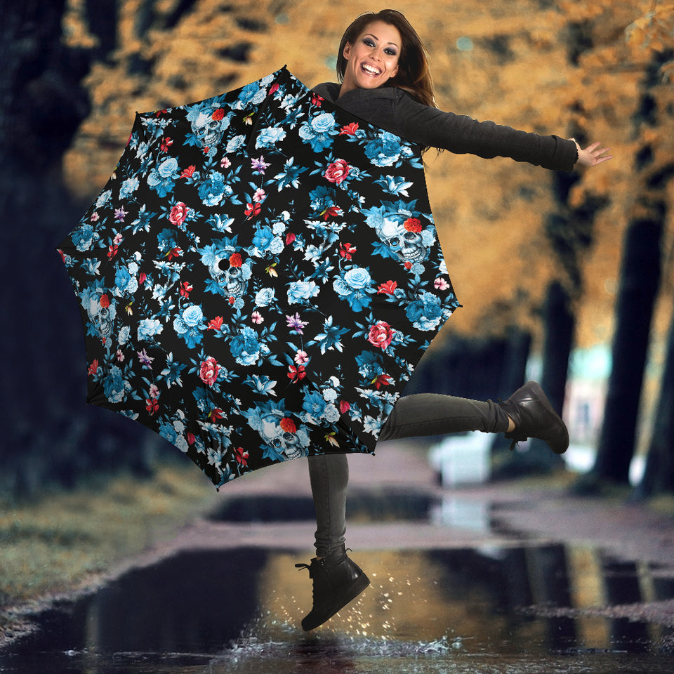 Skull Flower Roses Leave Pattern Umbrella