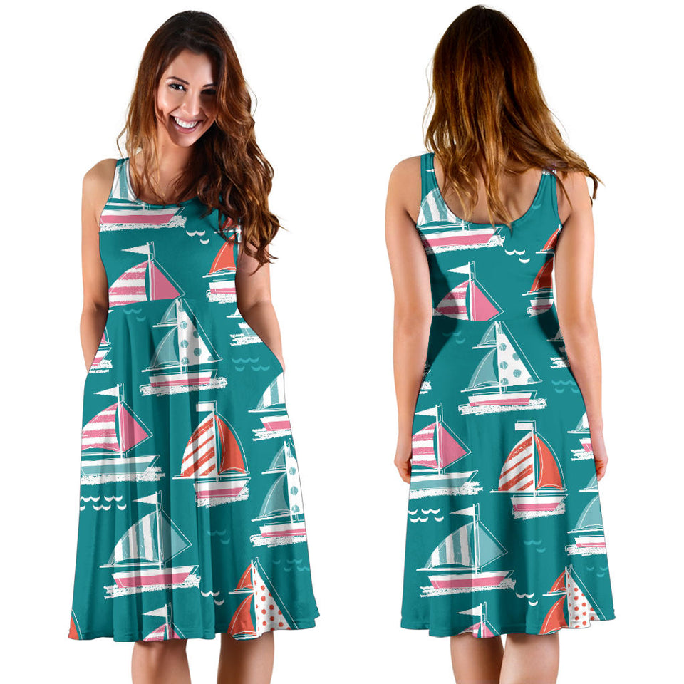 Cute Sailboat Pattern Sleeveless Midi Dress