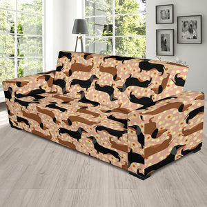 Dachshund Floral Background Sofa Slipcover
