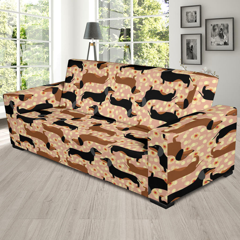 Dachshund Floral Background Sofa Slipcover