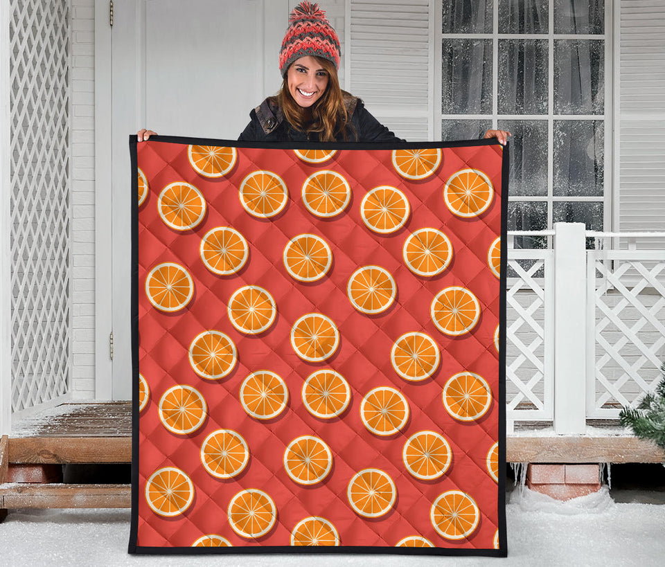 Oranges Pattern Red Background Premium Quilt