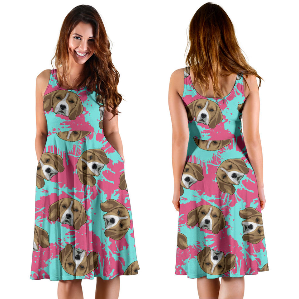 Beagle Muzzles Turquoise Paint Splashes Pink Pattern Sleeveless Midi Dress