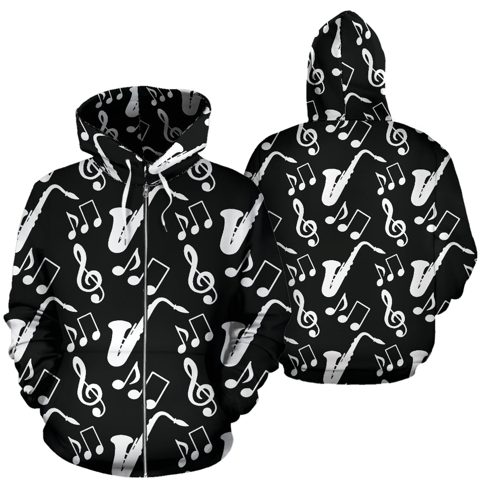 Saxophone Music Notes Treble Clef Black White Theme Zip Up Hoodie