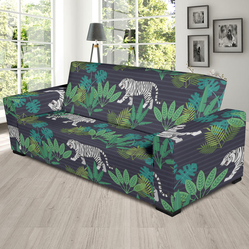 White Bengal Tigers Tropical Plant Sofa Slipcover