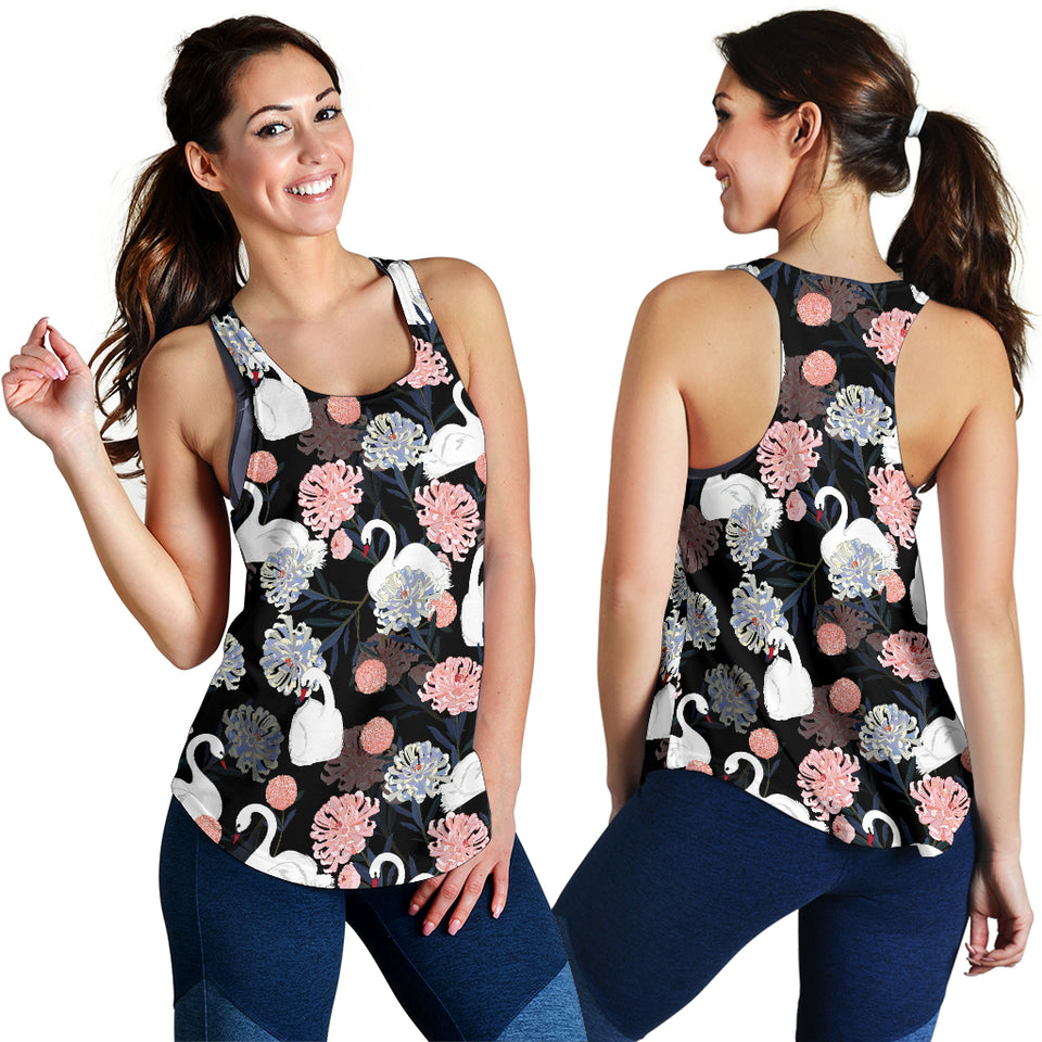 white swan blooming flower pattern Women Racerback Tank Top