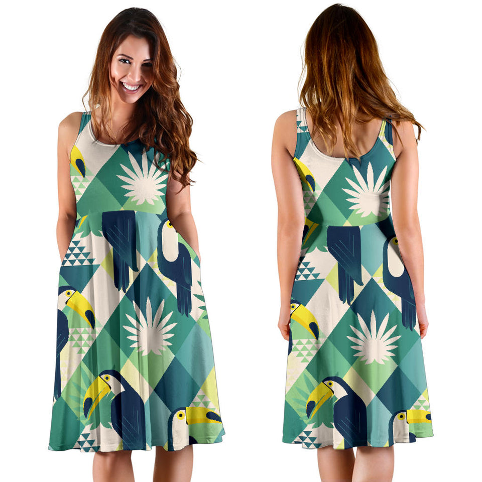 Toucan Tropical Leaves Design Pattern Sleeveless Midi Dress