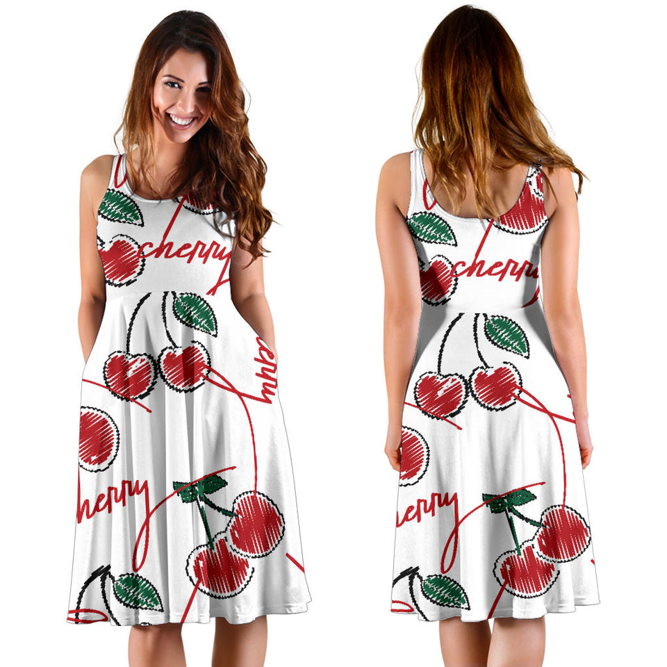 Hand Drawn Cherry Pattern Sleeveless Midi Dress
