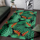 Heliconia Flower Palm Monstera Leaves Black Background Area Rug