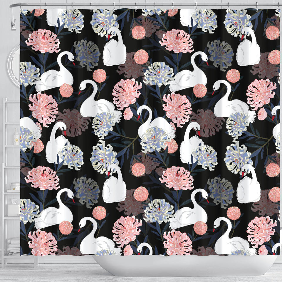 White Swan Blooming Flower Pattern Shower Curtain Fulfilled In US